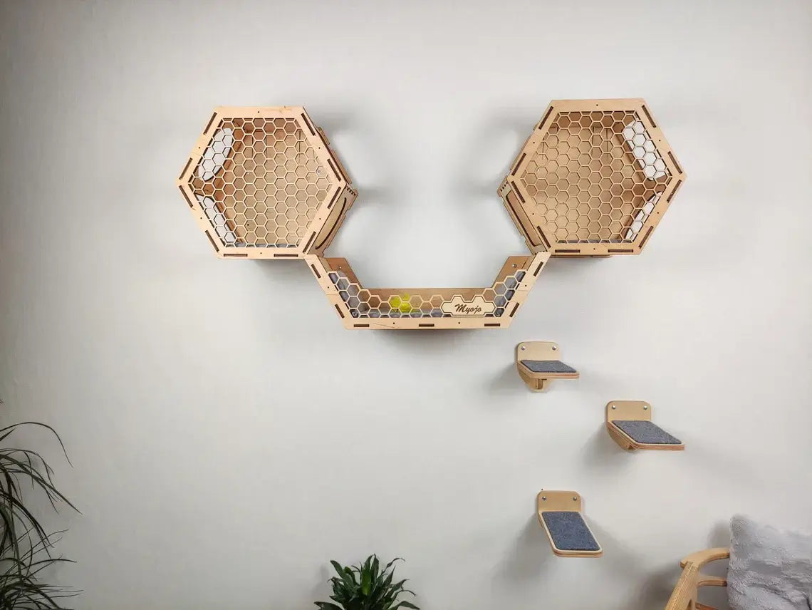 Beige Cat Wall Shelves Set – Featuring 2 hexagonal shelves, 3 steps, and a wall bed. A cat climbing wall shelf system perfect for modern homes.