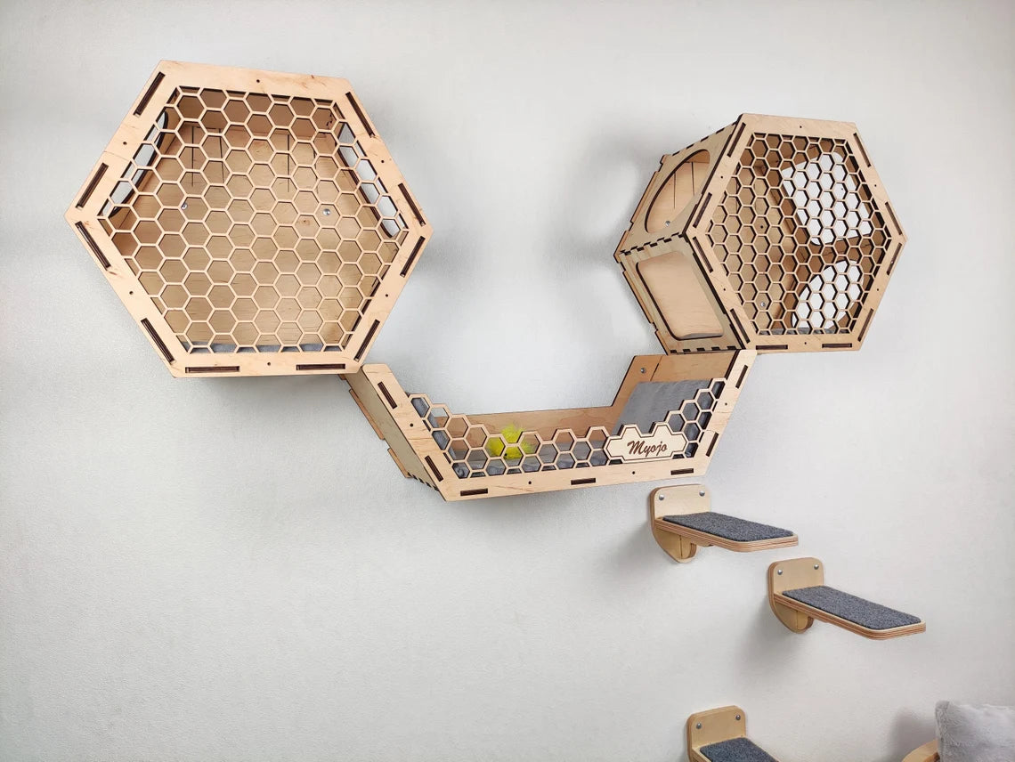 Close-up of Beige Hexagonal Cat Wall Shelf – Sturdy plywood construction for cats to climb, designed for large cats and modern home decor.