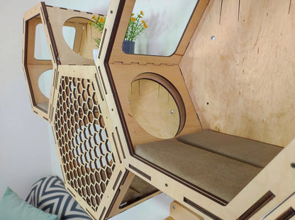 Close-up of Beige Hexagonal Cat Wall Shelf – Made from durable plywood, ideal for cats to climb, perch, and explore in modern interiors.