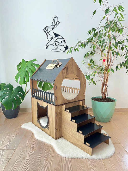 Side view of a black and brown medium two-story modern wooden cat house, highlighting the sleek design and spacious interior.