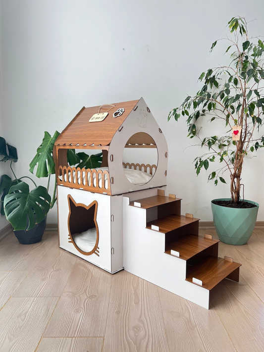 White and Brown medium two-story modern wooden cat house with a front view showing the two levels and entrance.