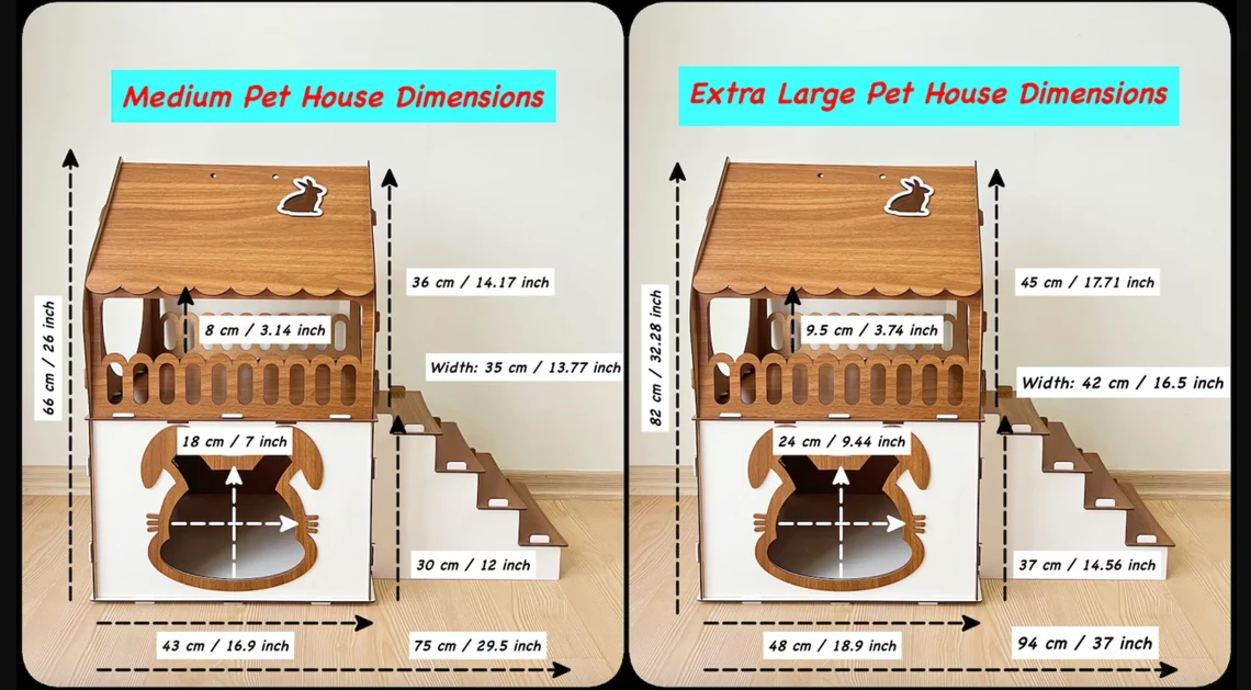 Size chart for the medium two-story modern wooden cat house, displaying height, width, bottom height, and door diameter.