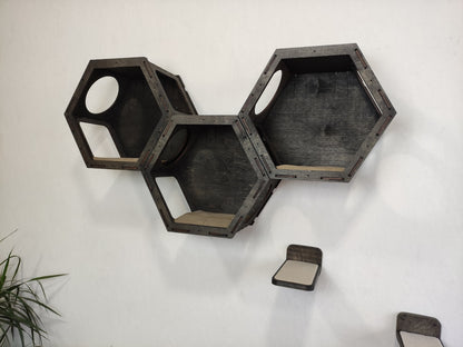 Dark Cat Wall Shelves Set 3 Hexagonal Shelves and 3 Steps