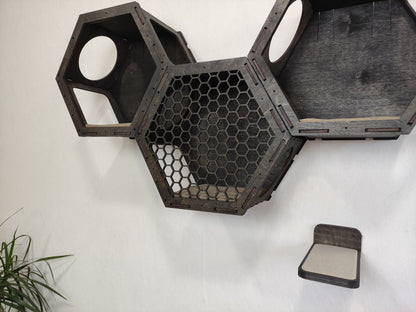 Dark Cat Wall Shelves Set 3 Hexagonal Shelves and 3 Steps