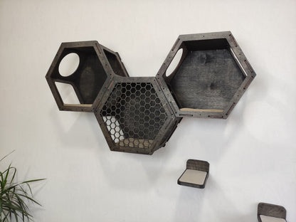 Dark Cat Wall Shelves Set 3 Hexagonal Shelves and 3 Steps