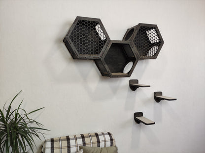 Dark Cat Wall Shelves Set 3 Hexagonal Shelves and 3 Steps