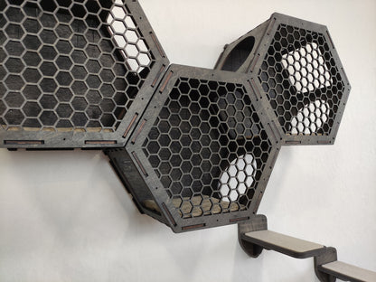 Dark Cat Wall Shelves Set 3 Hexagonal Shelves and 3 Steps