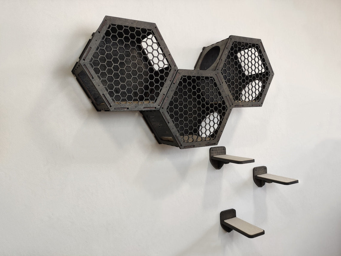 Dark Cat Wall Shelves Set 3 Hexagonal Shelves and 3 Steps