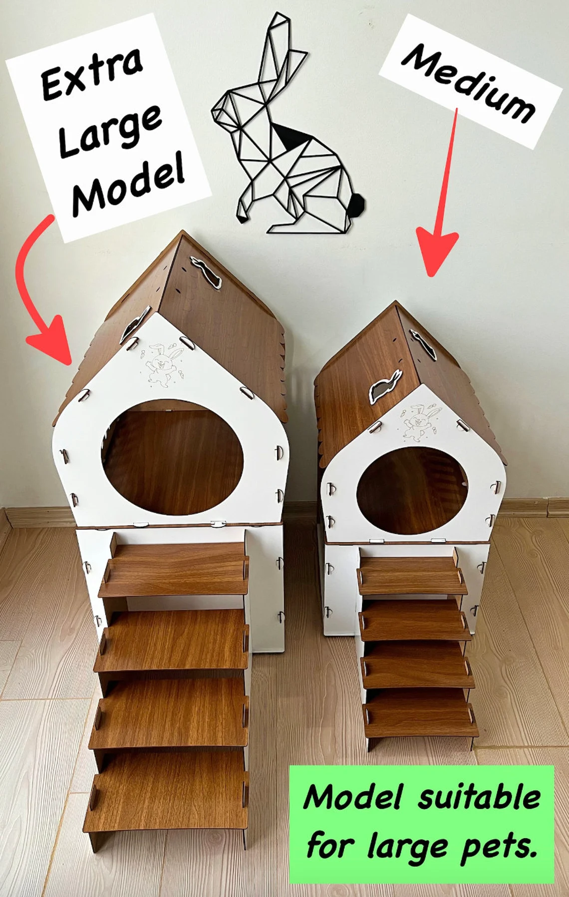 Size chart for the medium two-story modern wooden cat house, displaying height, width, bottom height, and door diameter