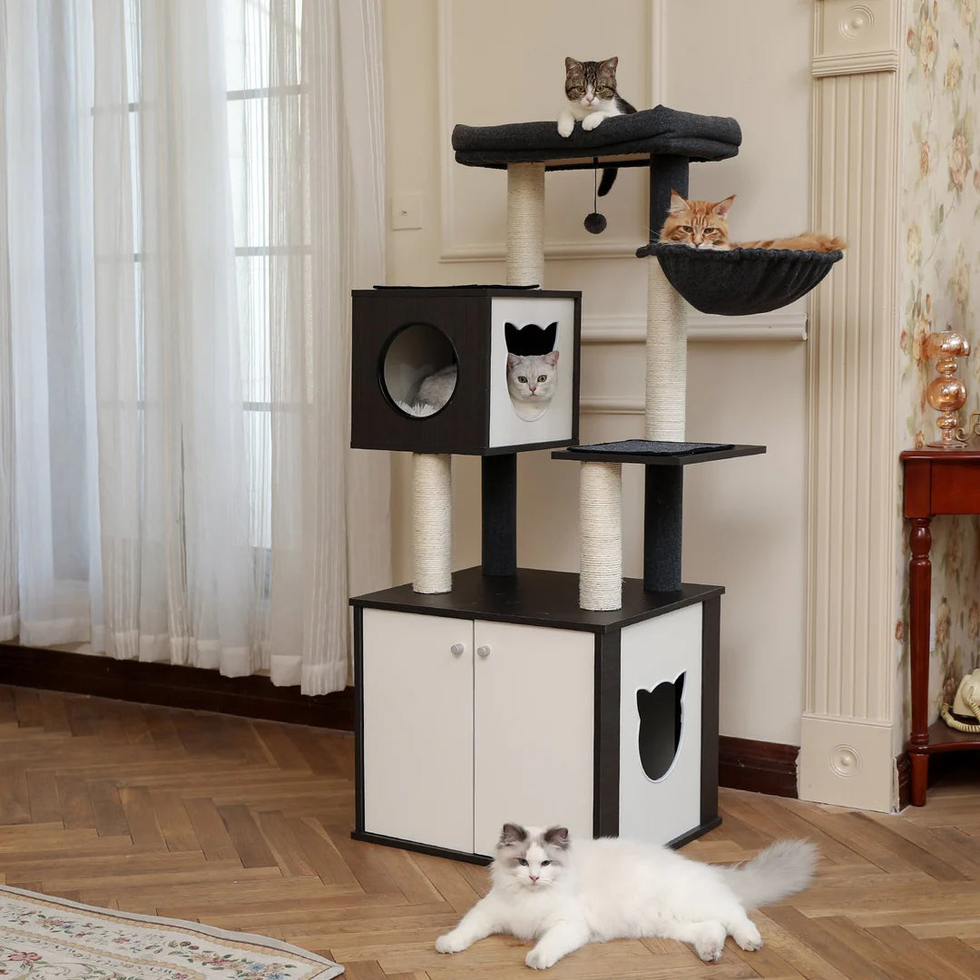 Cat tower with litter box on bottom and storage space for big cats