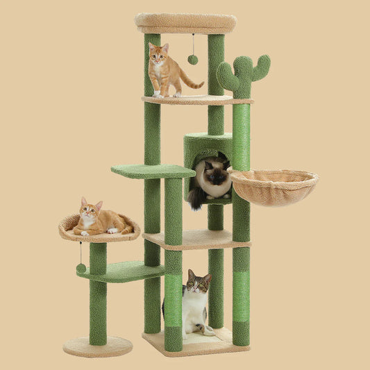 Front view of modern cat tree with natural sisal and ultrasoft carpeting