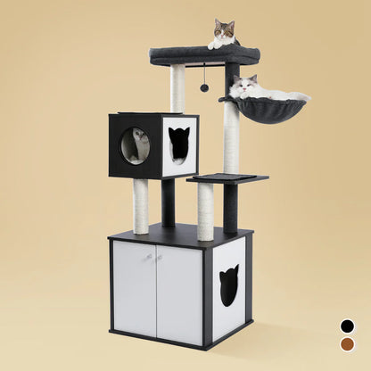 Black and White cat tree with hidden litter box enclosure