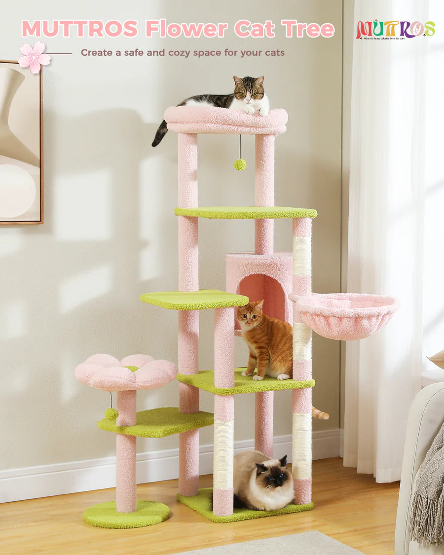 Pink Flower cat tree design with hammock and perches