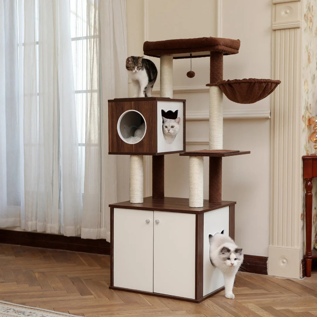 Brown and White Easy-to-clean wooden cat tree with litter box
