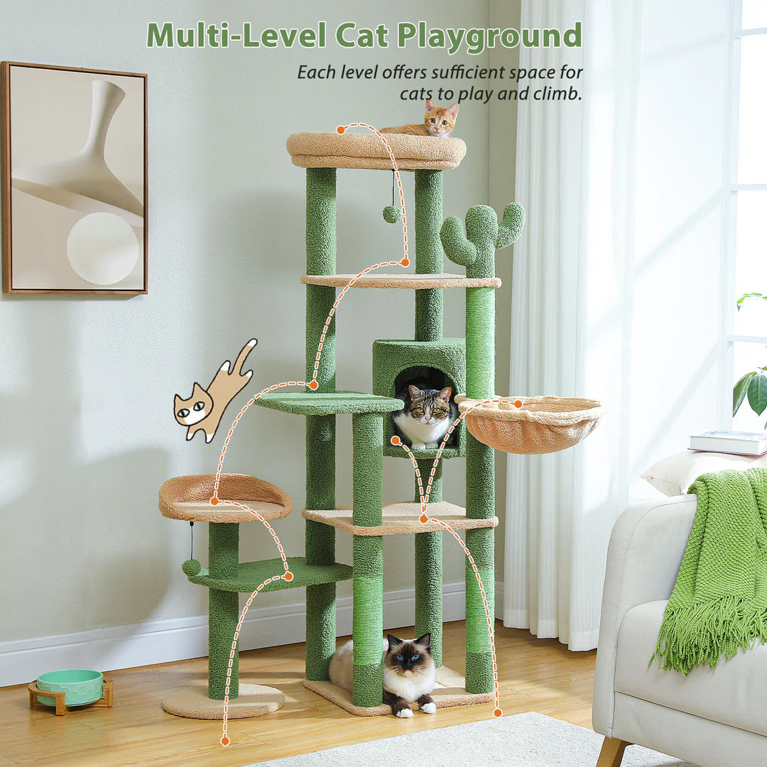 Cactus cat tree design with hammock and perches
